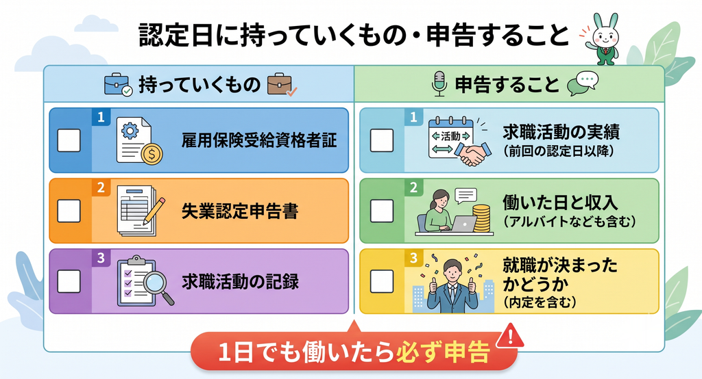 失業認定日にハローワークへ持参するものと申告する内容の一覧