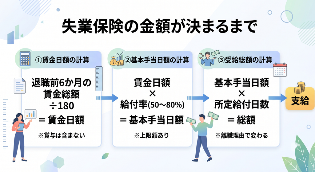 失業保険の基本手当日額を計算する3つのステップを示した図