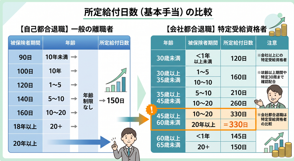失業保険の所定給付日数を自己都合と会社都合で比較した表