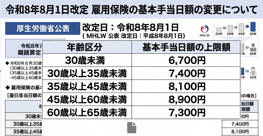 賃金日額と基本手当日額の年齢別上限額の一覧