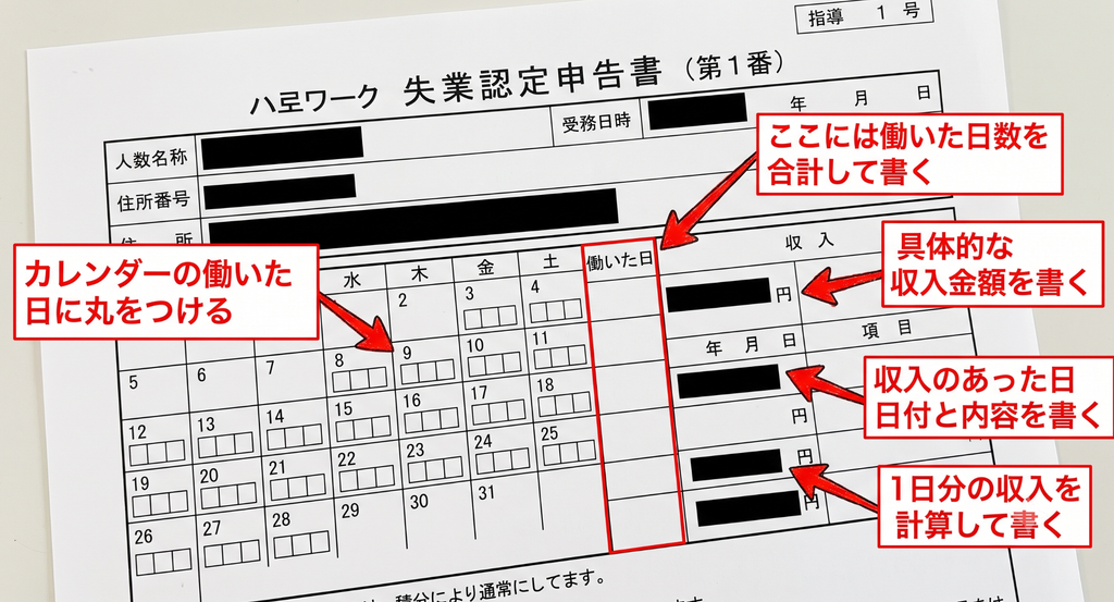 失業認定申告書でアルバイトをした日と収入を記入する欄