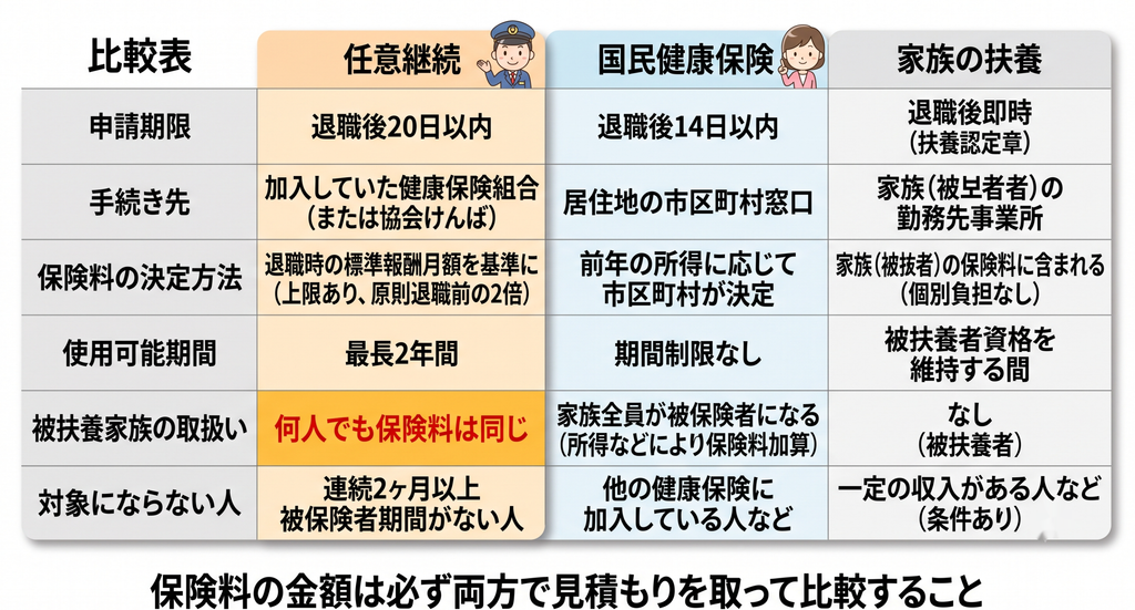 退職後の健康保険はどれ?3つの選択肢を比較 3 退職後の健康保険の任意継続と国民健康保険と扶養を比較した表