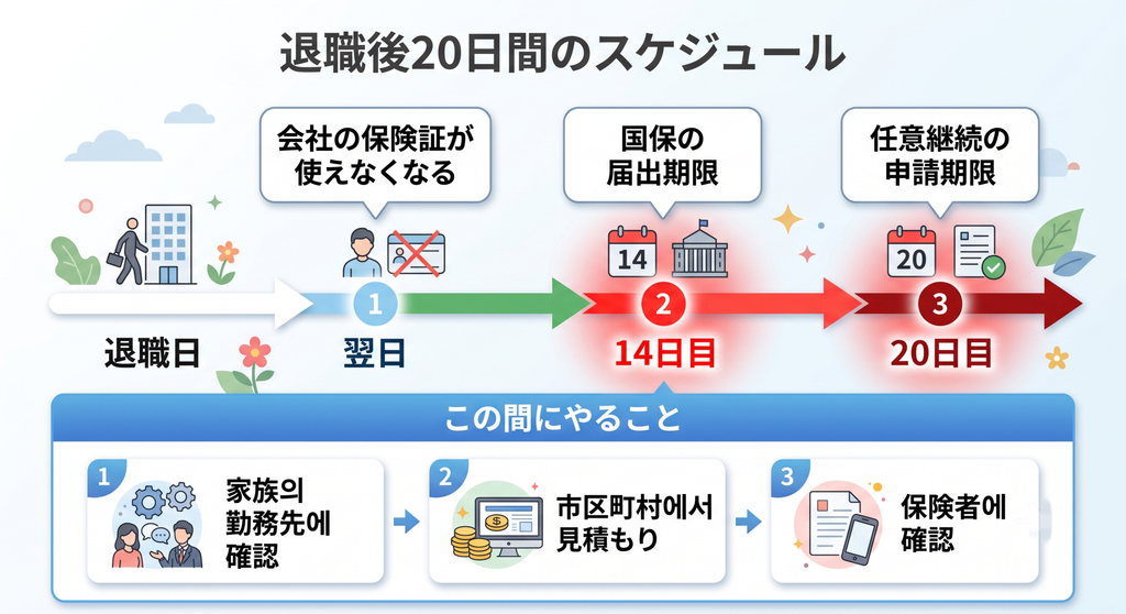 退職後の健康保険はどれ?3つの選択肢を比較 4 退職後の健康保険の手続き期限を示したスケジュール図