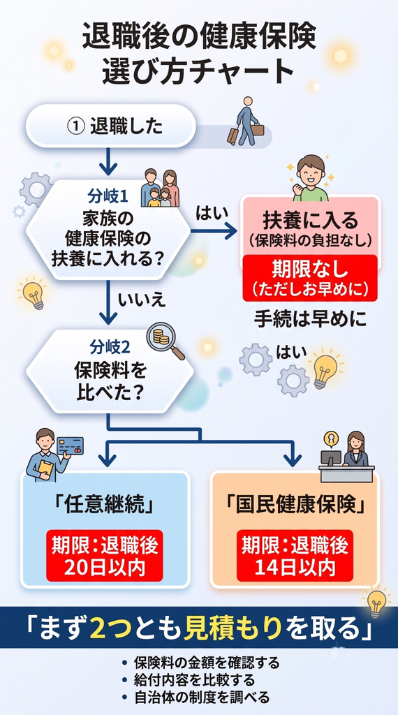 退職後の健康保険はどれ?3つの選択肢を比較 2 退職後の健康保険3つの選択肢を選ぶ判定フロー図