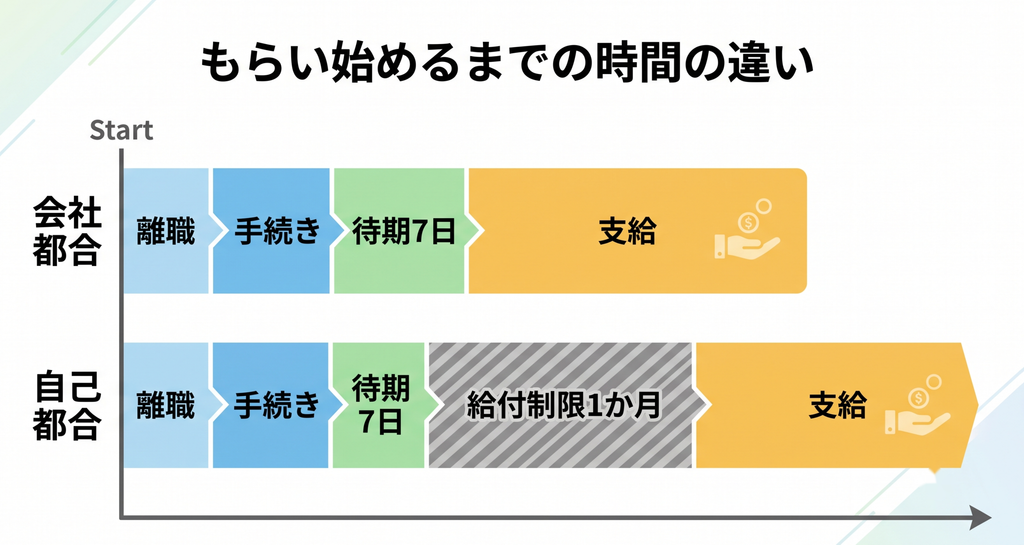 自己都合と会社都合で失業保険の支給開始時期が異なることを示したタイムライン 