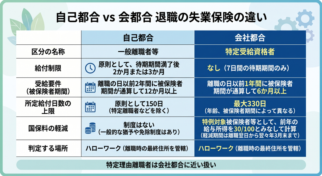 自己都合退職と会社都合退職の失業保険の違いを比較した表