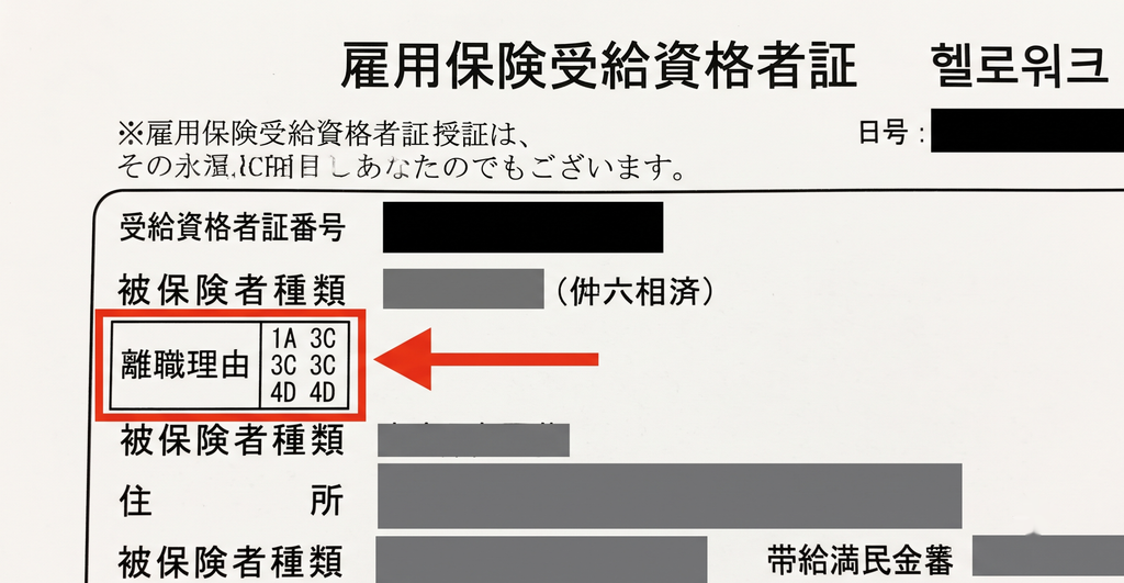 雇用保険受給資格者証に記載される離職理由コードの確認位置