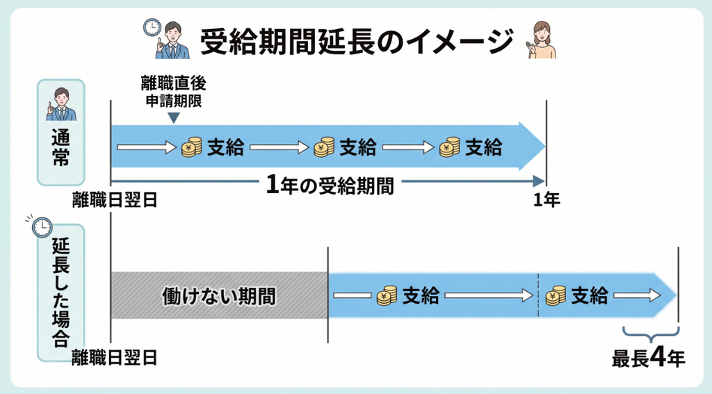失業保険の受給期間延長で支給を先送りできる仕組みを示した図