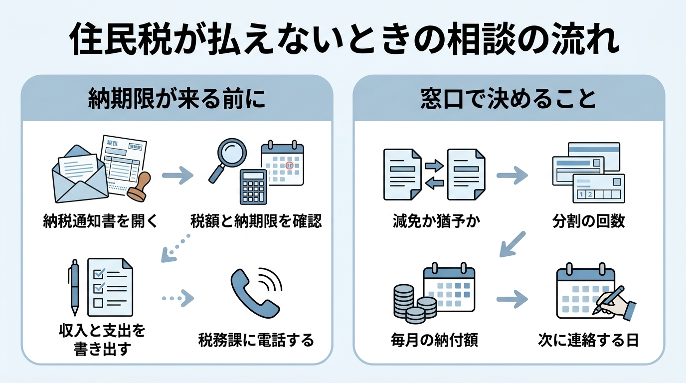 住民税が払えないときは?退職後の減免・分割納付の相談期限 3 住民税が払えないときに市区町村の税務課へ相談する手順を示した図