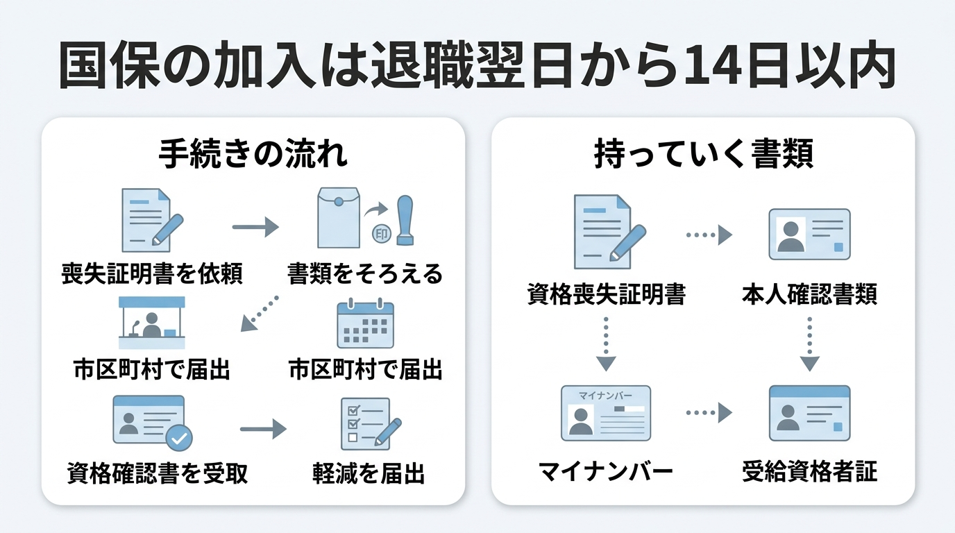 国民健康保険の切り替え手続き|14日以内に出す書類と会社都合の軽減 3 国民健康保険の切り替え手続きの流れと必要書類をまとめた図