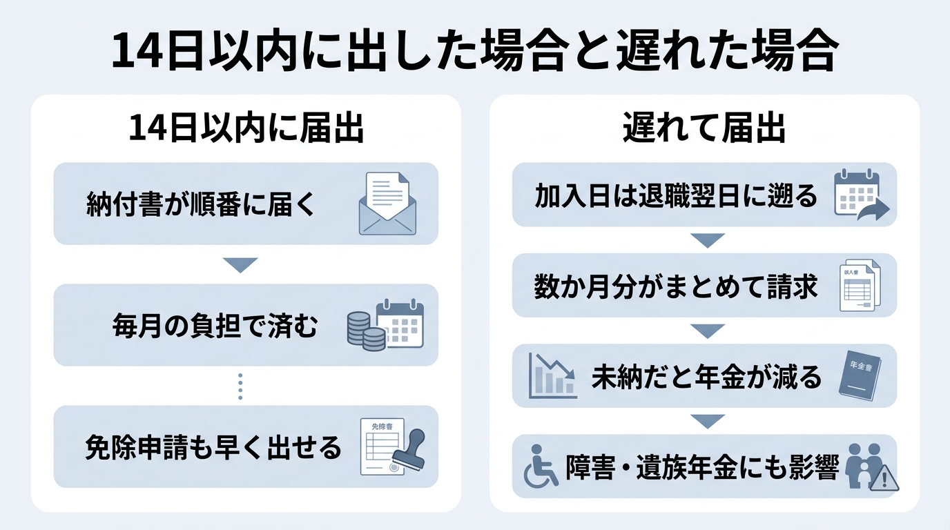 国民年金の切り替えを14日以内に出した場合と遅れた場合の違いを比べた図