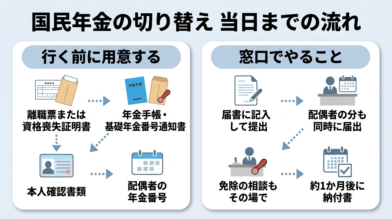 退職後の国民年金切り替え手続きの流れと持ち物を示した図
