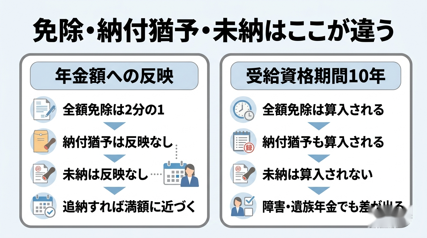 年金の免除・納付猶予|退職特例は使える?失業した人の条件と書類 4 国民年金の全額免除と納付猶予と未納で将来の年金額がどう変わるかを比べた表