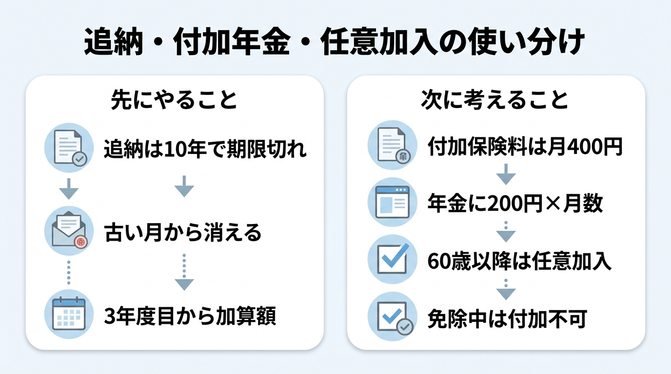 年金の追納は10年以内|免除期間の年金額を取り戻す手順と付加年金 4 追納と付加年金と任意加入の違いを比べた図