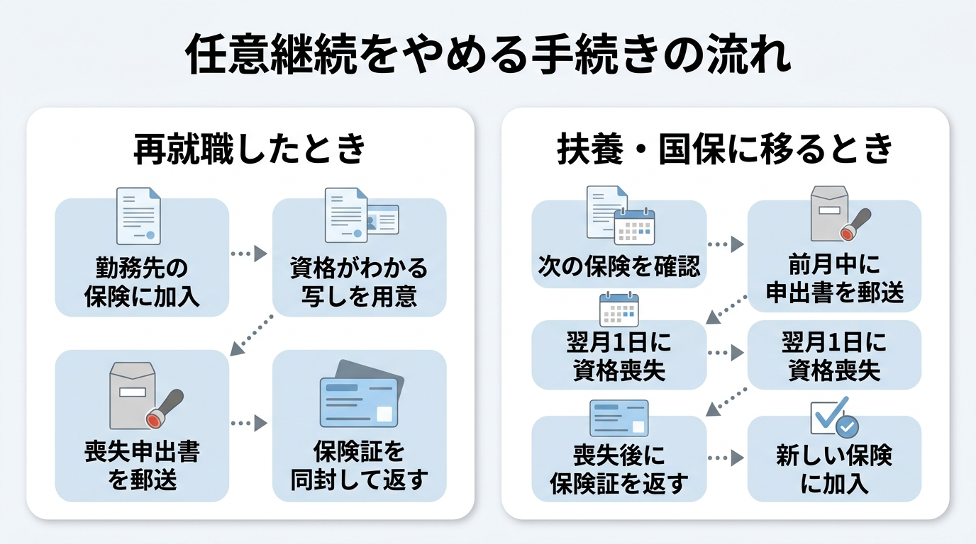 任意継続をやめたい時は?再就職・扶養加入で途中脱退する手続き 3 任意継続をやめるときの手続きの流れと喪失日を示した図