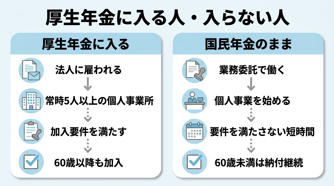 再就職後に厚生年金に加入する人と国民年金のままの人の違いを比べた図