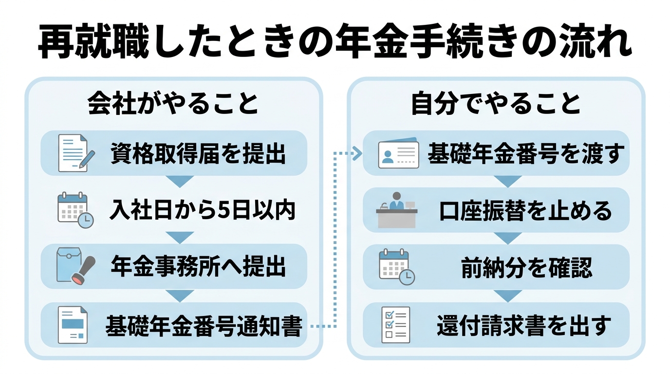 再就職したときの年金手続きの流れを会社がやることと本人がやることに分けた図