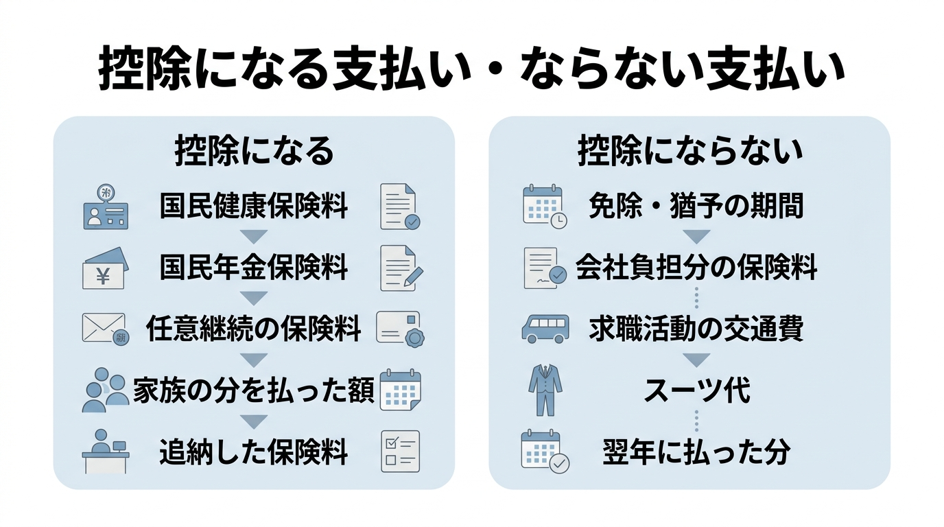 退職後に社会保険料控除の対象になる支払いとならない支払いを比べた図