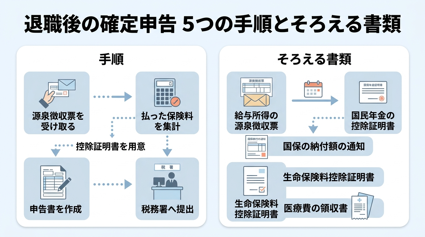 退職後の確定申告で社会保険料控除を受けるまでの手順と必要書類を示した図