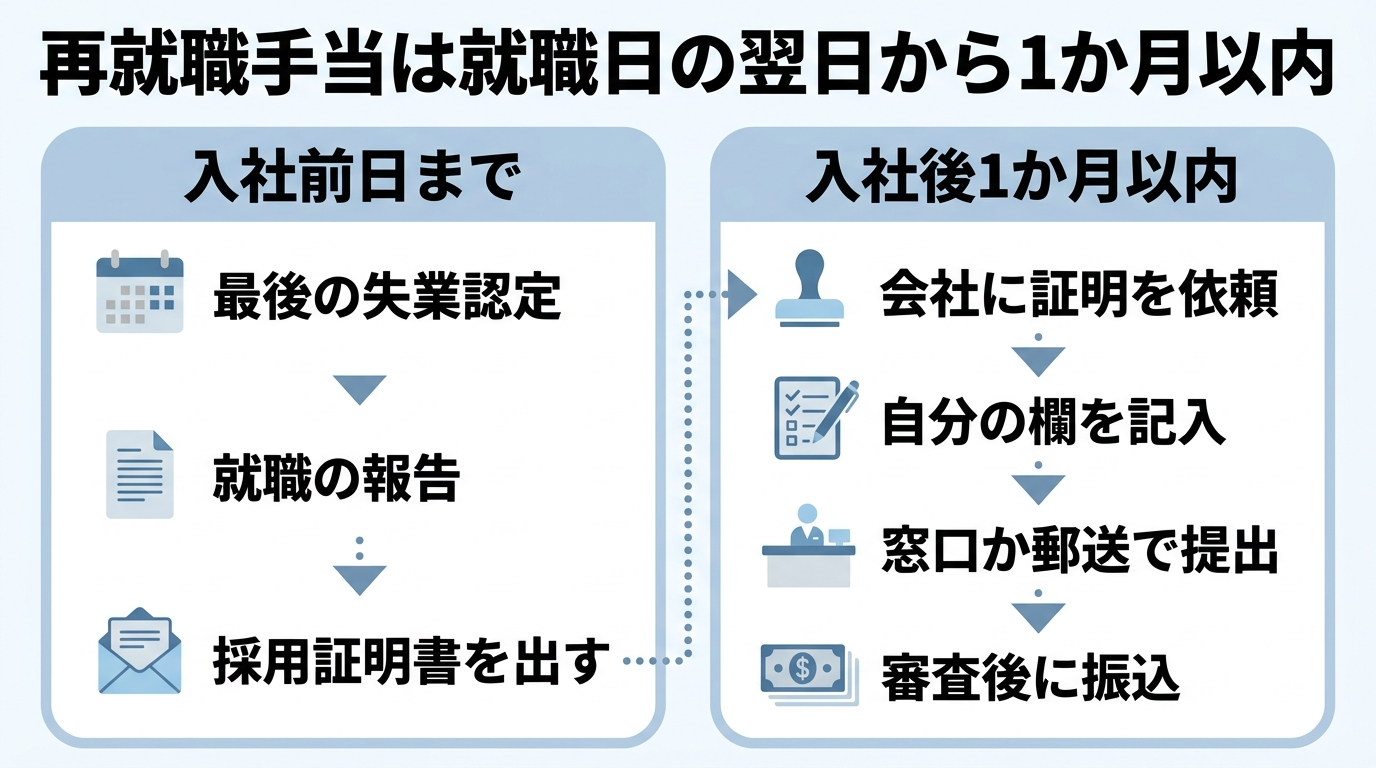 再就職手当の申請手続きの流れと提出期限を示した図