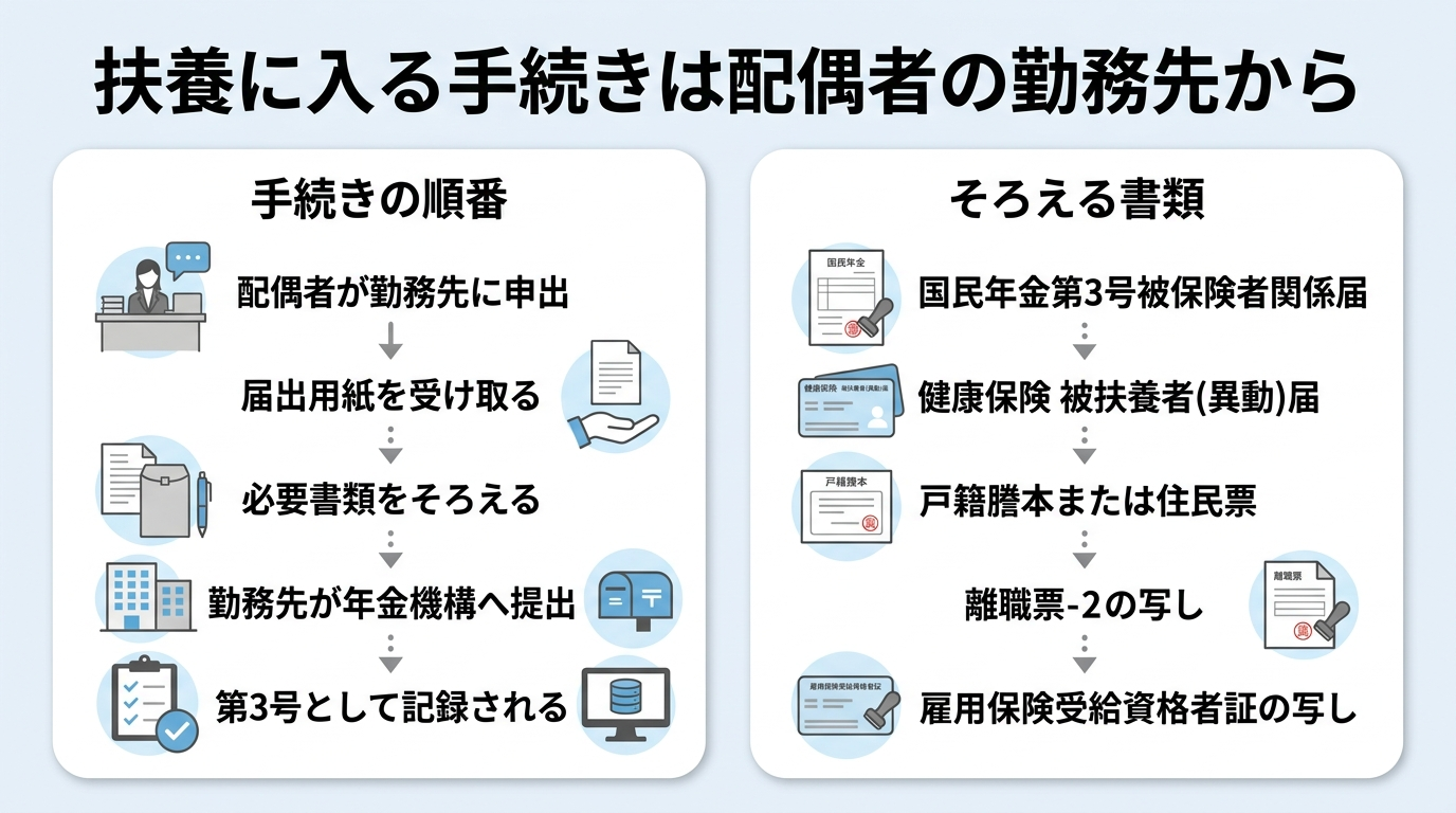第3号被保険者の届出を配偶者の勤務先経由で行う手続きの流れ図