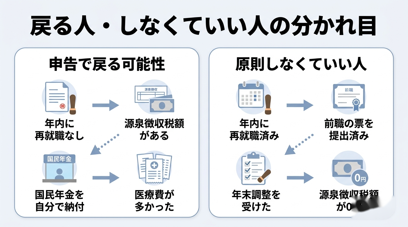 退職後の確定申告はしないとどうなる?損する人・しなくていい人 4 退職後に確定申告で税金が戻る人と申告しなくていい人の違いを比べた図