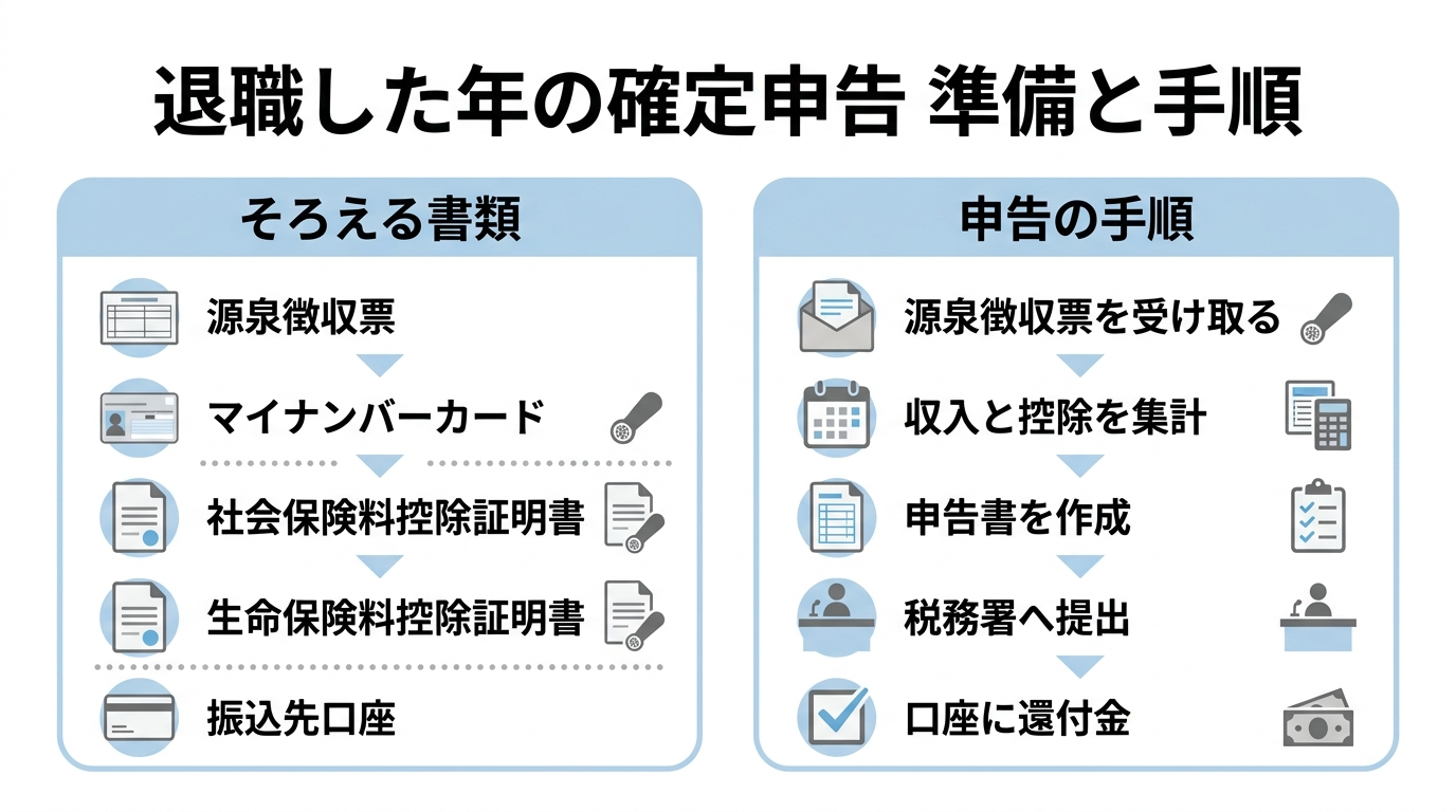 退職後の確定申告はしないとどうなる?損する人・しなくていい人 3 退職後の確定申告で必要な書類と申告手順を示した図