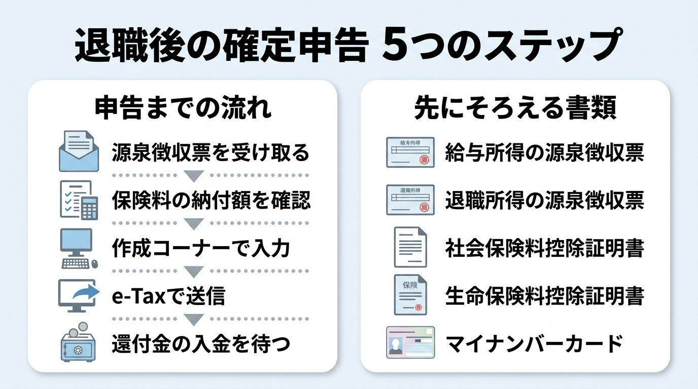 退職後の確定申告のやり方|必要書類とe-Taxの手順・還付金はいつ 3 退職者が確定申告をe-Taxで行うまでの流れと必要書類を示した図