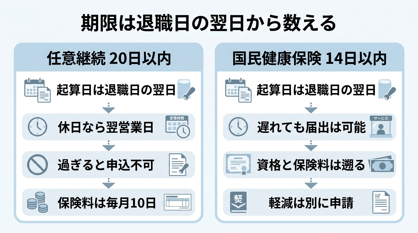 退職したら健康保険はどうなる?3つの選択肢と20日の期限 4 任意継続20日と国民健康保険14日の申請期限を比べた図