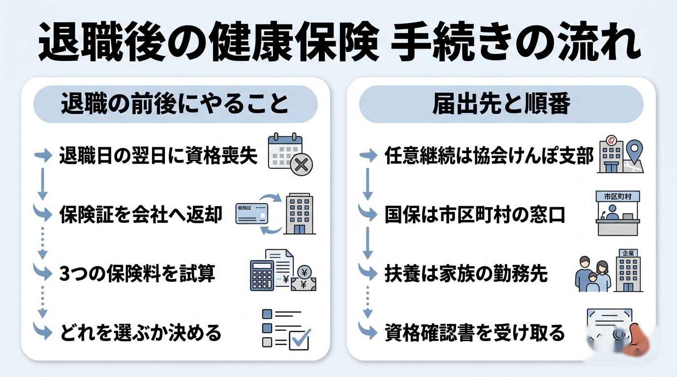 退職したら健康保険はどうなる?3つの選択肢と20日の期限 3 退職後の健康保険の手続きの流れと窓口を示した図