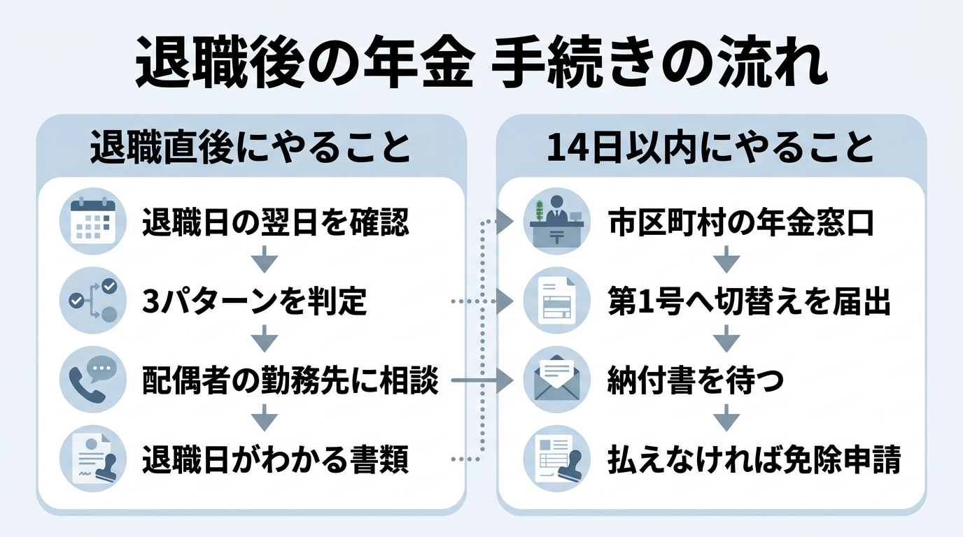 退職後の年金の切替え手続きの流れを退職直後と14日以内に分けて示した図