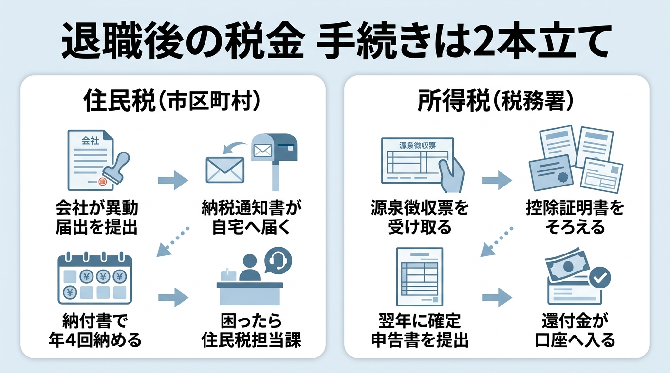 退職後の住民税と所得税の手続きの流れを住民税と所得税に分けて示した図