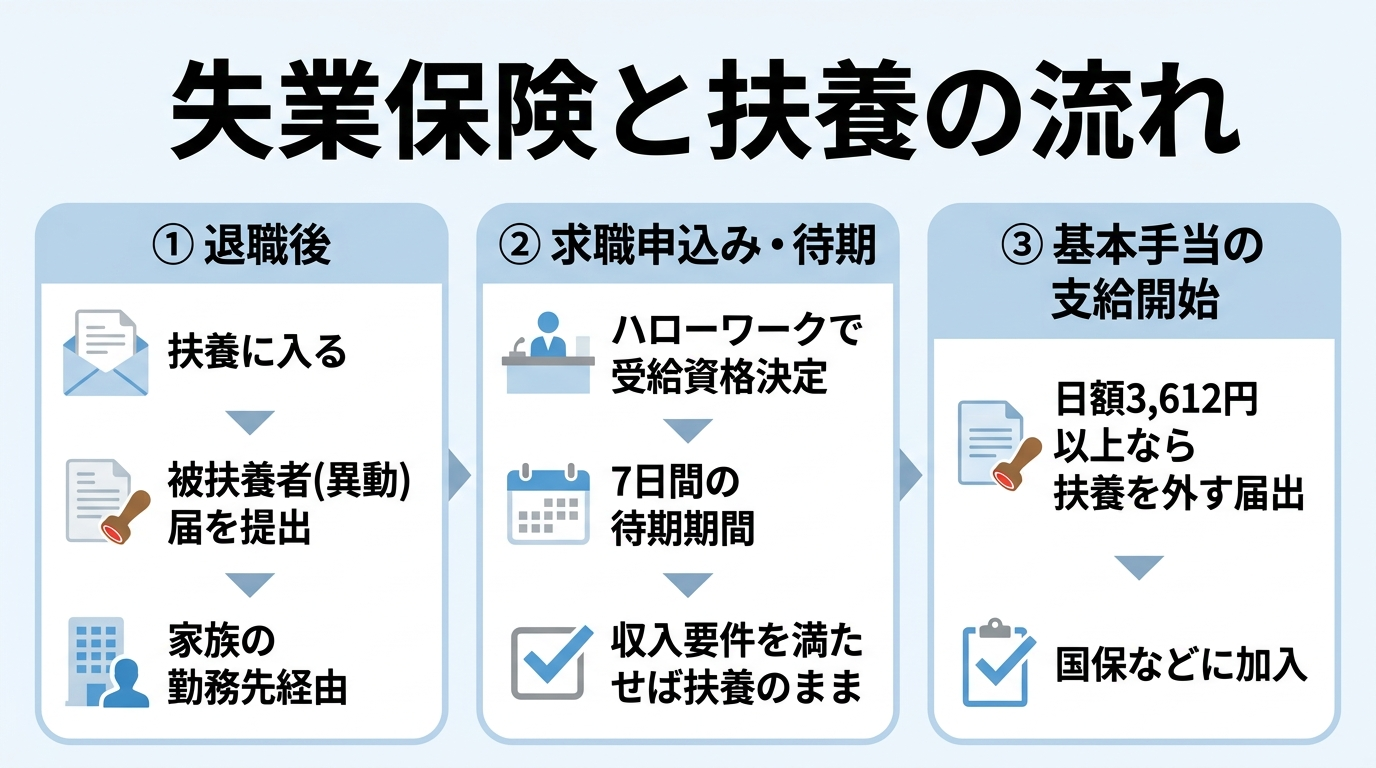 退職後に扶養に入る条件は?年収130万円の壁と失業保険3,612円の線 3 退職後に扶養に入り、基本手当の支給開始時に外れ、受給終了後に再び扶養に入る流れの図