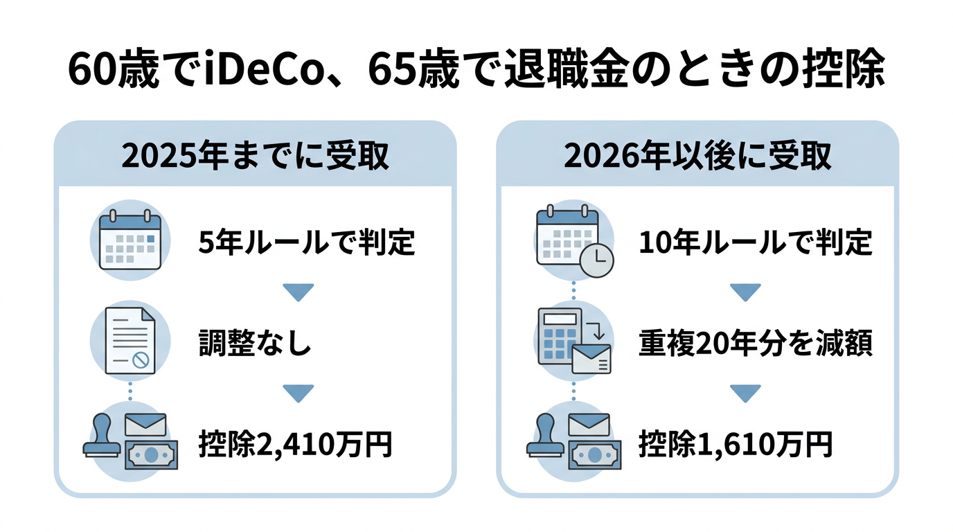 iDeCo一時金の受取年で変わる退職所得控除額の比較図