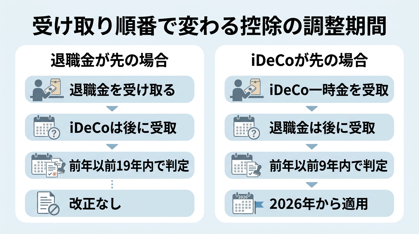 iDeCoと退職金の受け取り順番ごとの調整ルールを示した図