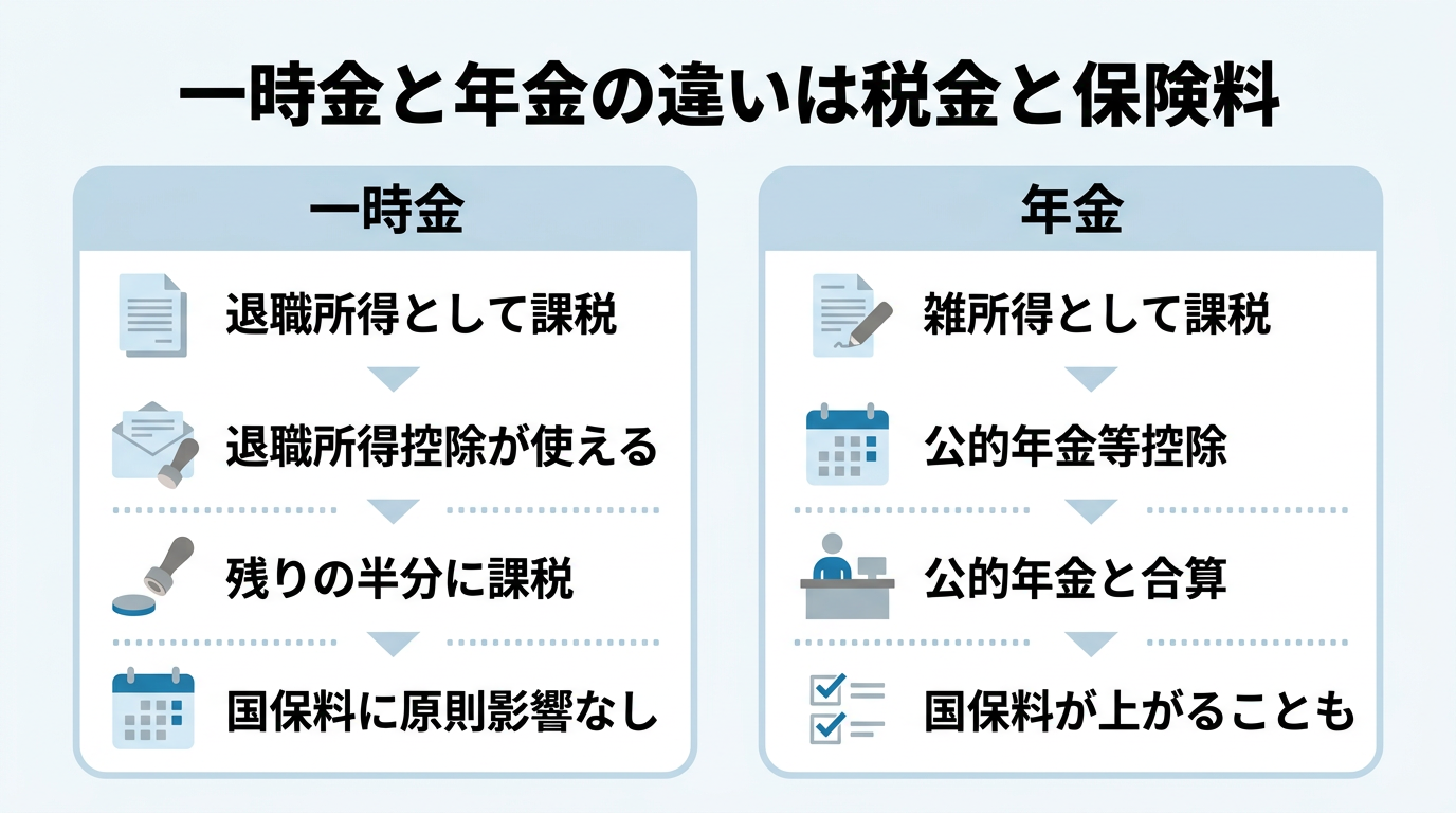 企業年金の一時金と年金の税金と国保料の違いを比較した図