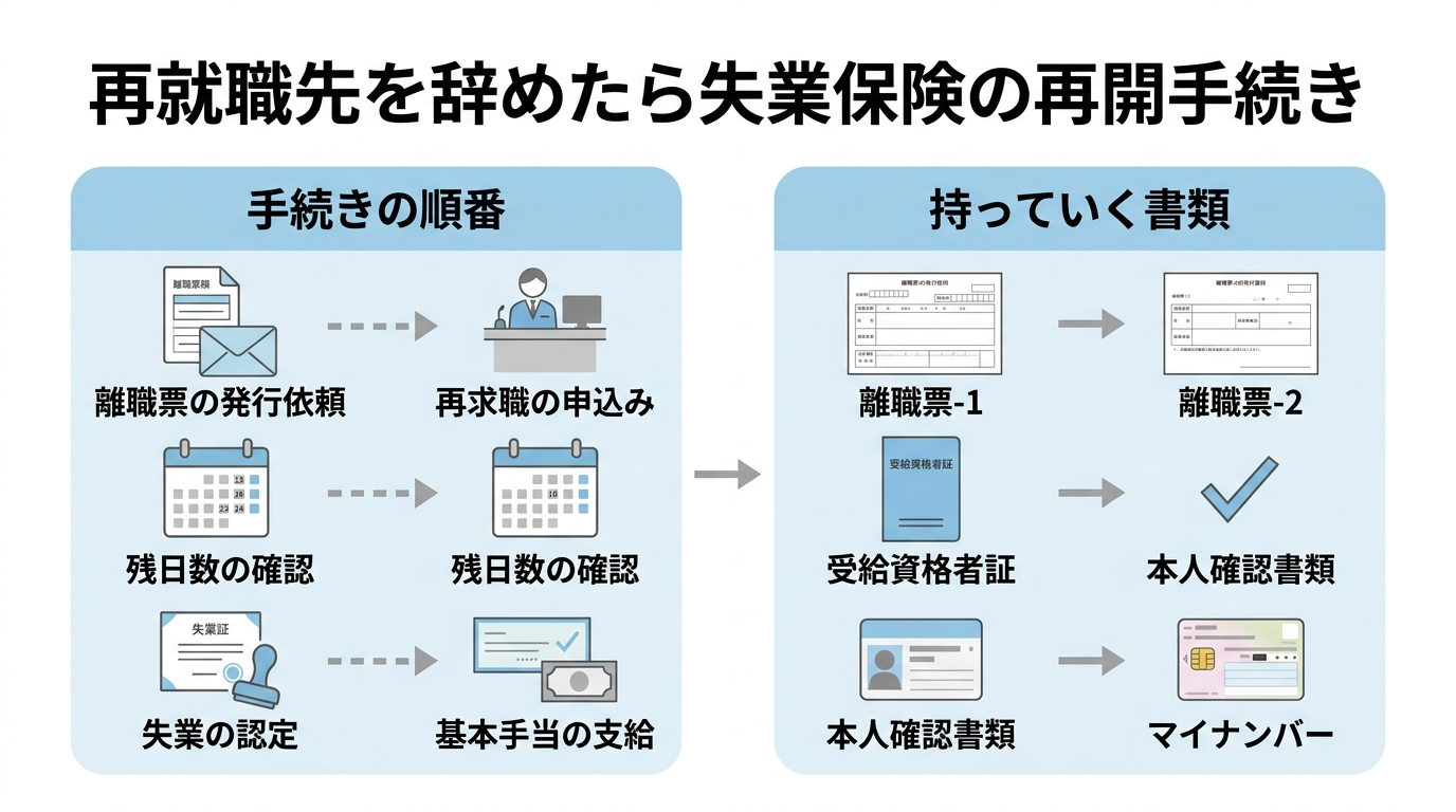 再就職してすぐ辞めたら失業保険の残りはどうなる?|再開手続きと期限 3 再就職先をすぐ辞めたときの失業保険の再開手続きの流れを示した図