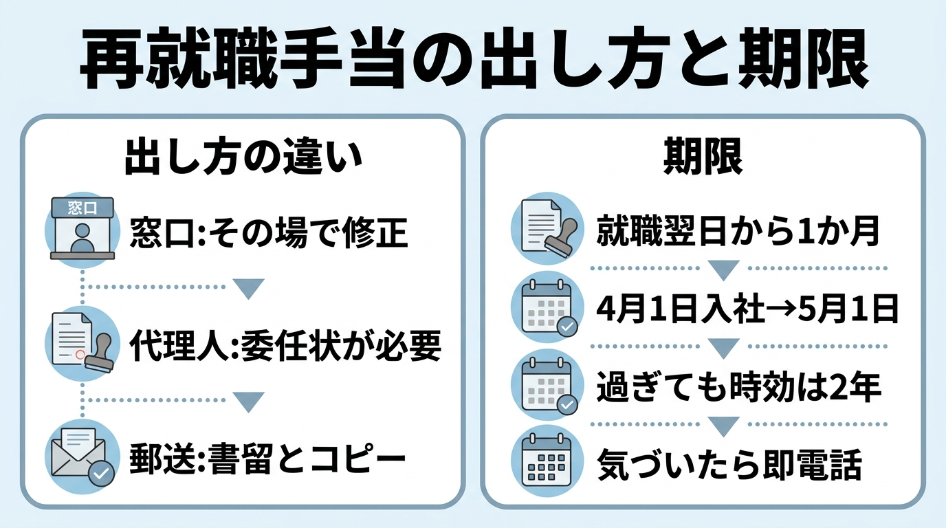 再就職手当の申請期限と窓口・代理人・郵送の違いを比べた図
