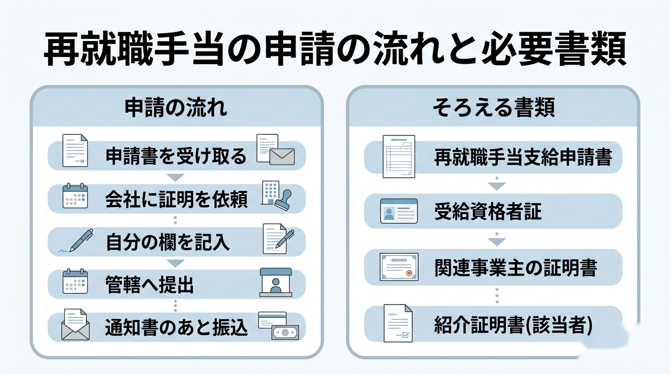 再就職手当の申請の流れと必要書類を示した図