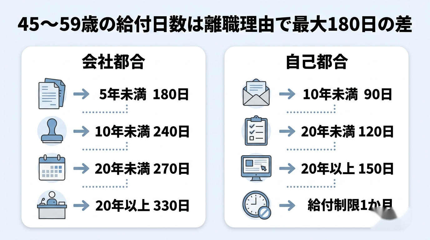 失業保険の給付日数は離職理由で変わる|45歳以上は最長330日 4 45歳以上の失業保険の給付日数を会社都合と自己都合で比べた図