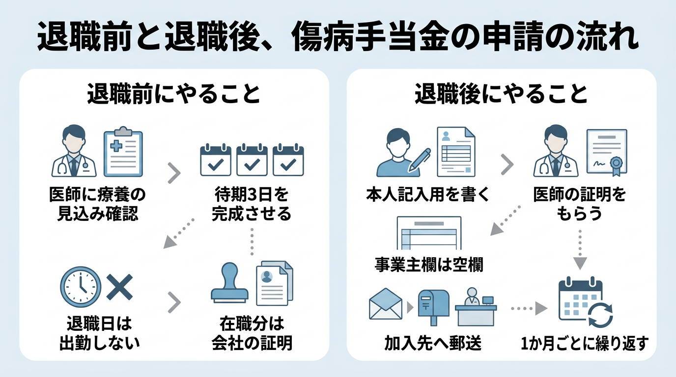 傷病手当金は退職後ももらえる?条件2つと退職日に出勤してはいけない理由 3 退職前後で傷病手当金を申請する流れを示した図
