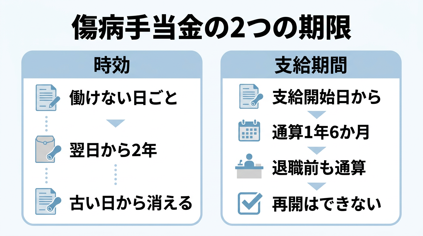 退職後の傷病手当金の申請方法|提出先・書類の書き方と毎月の流れ 4 傷病手当金の時効2年と支給期間通算1年6か月の違いを比べた表