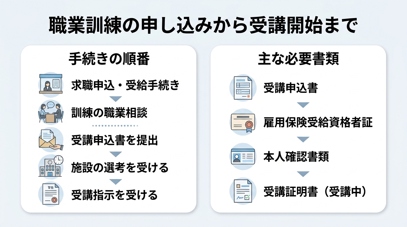 職業訓練で失業保険は延長できる?45歳からの延長給付と月10万円の条件 3 公共職業訓練の申し込みから受講指示までの手続きの流れと必要書類を示した図