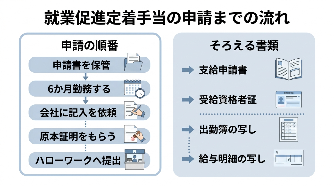 就業促進定着手当の申請|再就職後に給料が下がった人の書類と2か月期限 3 就業促進定着手当の申請手続きの流れを示した図