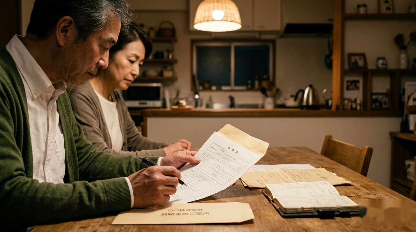 退職所得の受給に関する申告書を出さないと20.42%天引き|書き方と期限 2 退職所得の受給に関する申告書と退職金の案内封筒が置かれた食卓