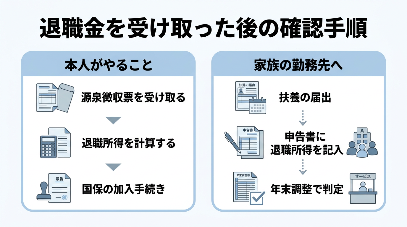 退職金を受け取った後の国民健康保険と扶養の確認手順を示した図